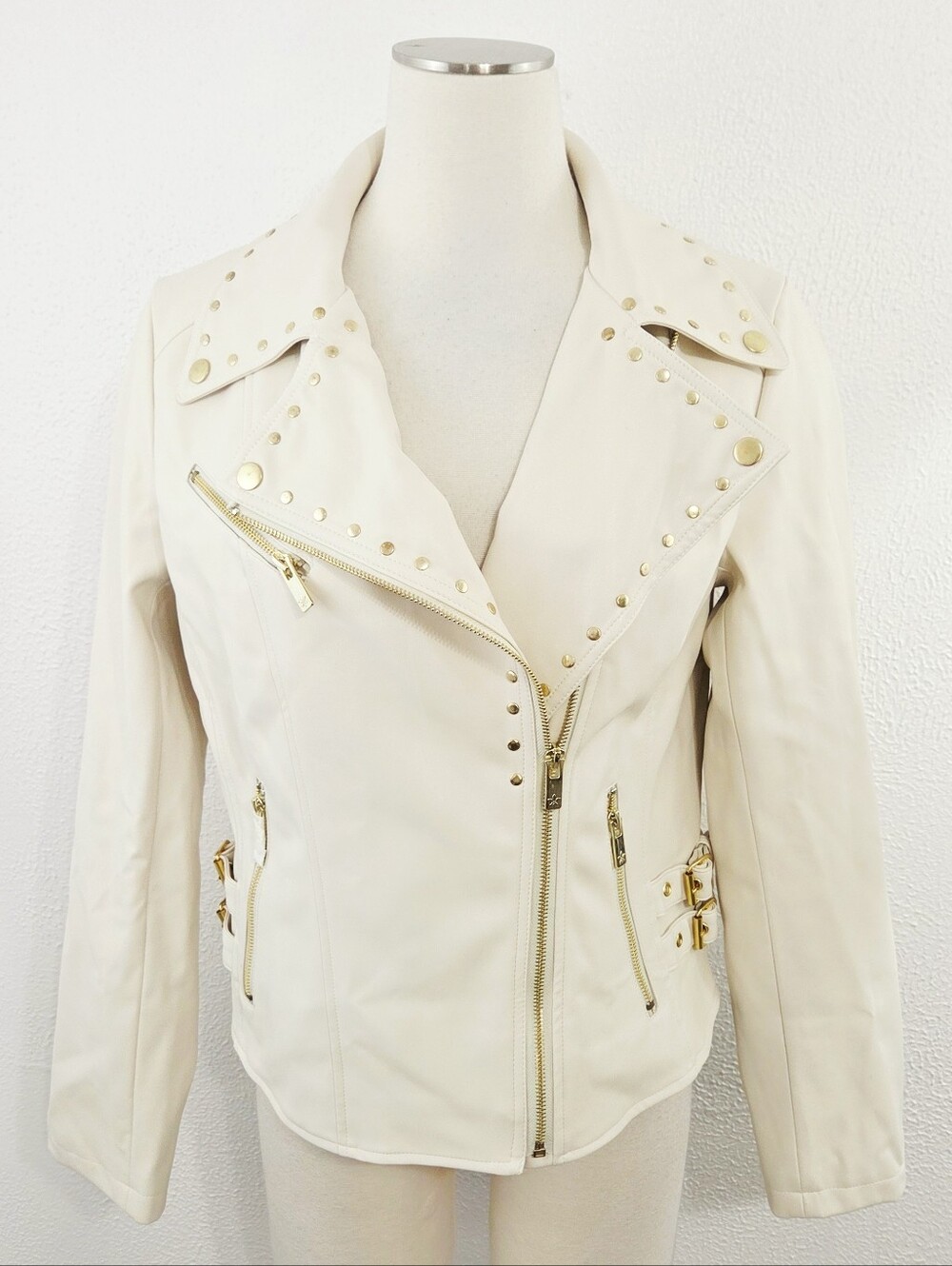 Chelsea Deboer cream faux leather biker jacket gold studded moto women's XL new - Picture 2 of 8